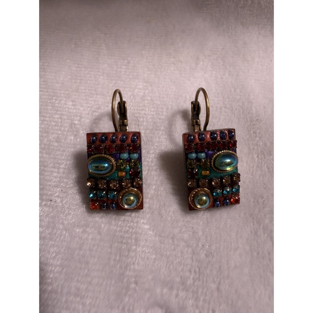 Vtg Michal Golan Earrings Multi Colored Square Gold Tone Leverback Pierce